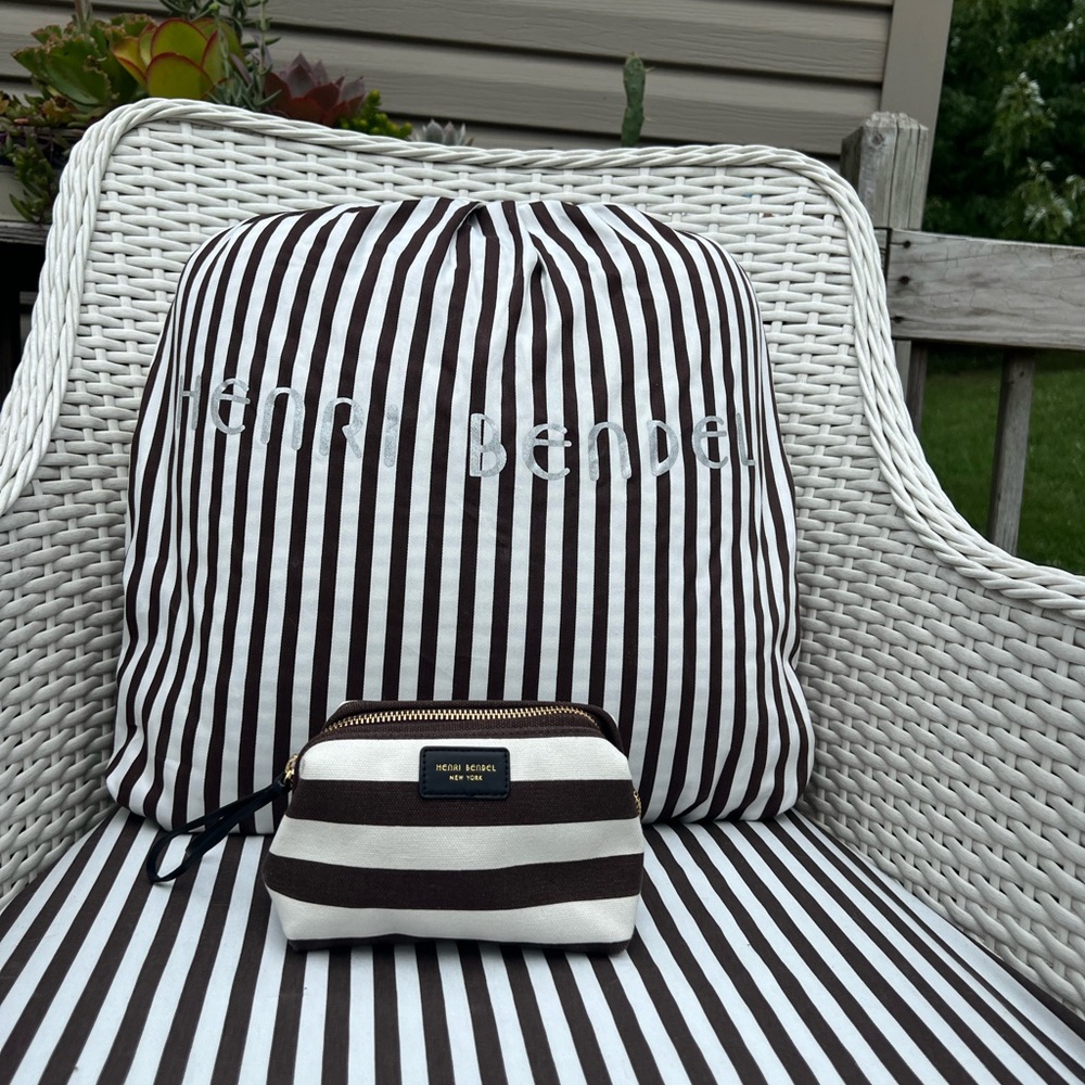 Henri Bendel Iconic Brown and White Striped Makeup Bag